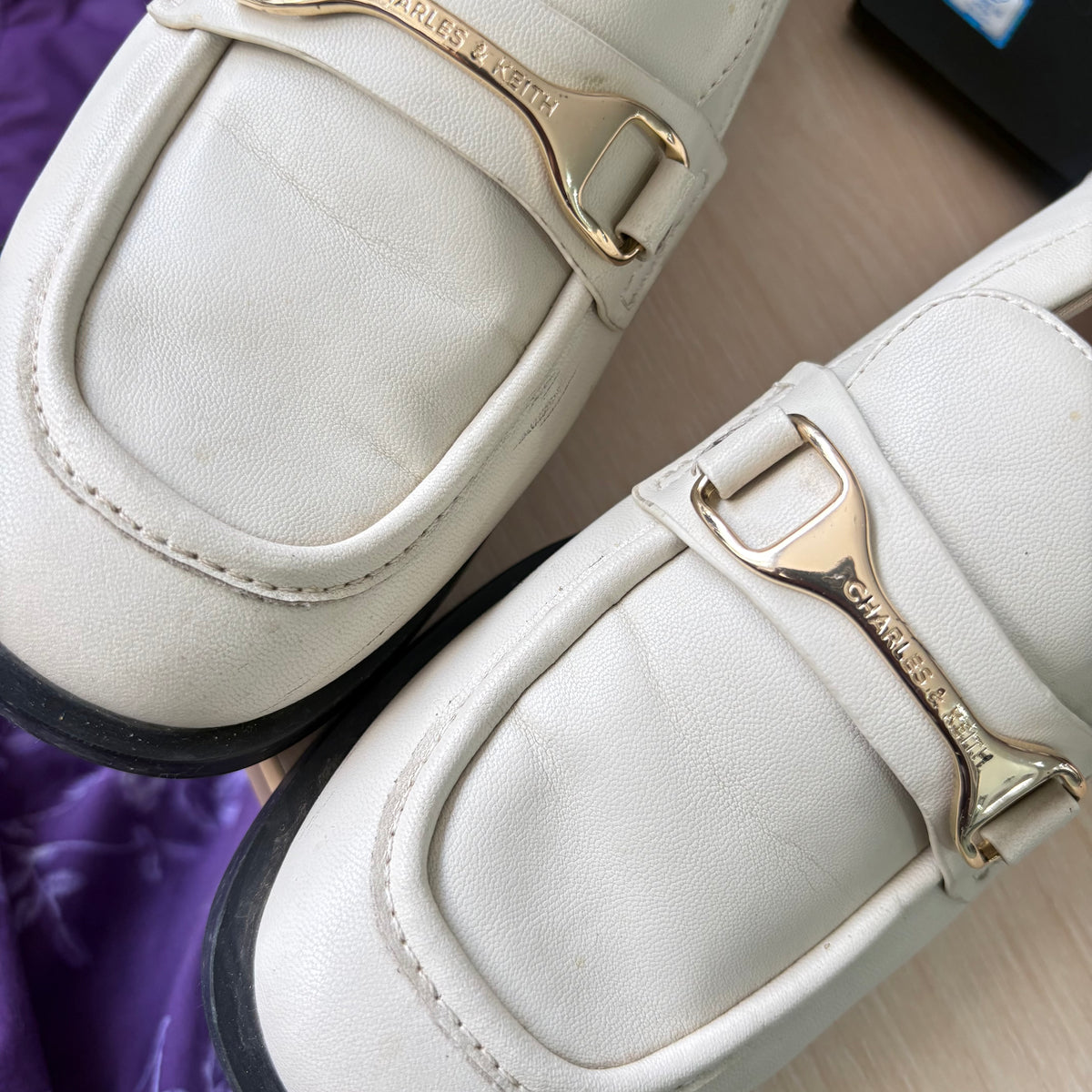 Charles And Keith Cream And Gold Chain Loafers | Pre Loved |
