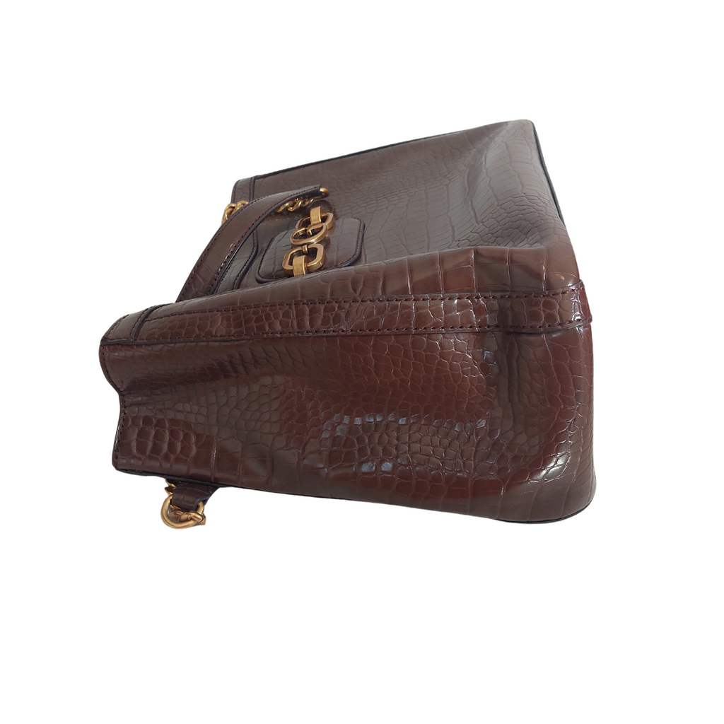Guess Brown Croc Print Textured Leather Hensley Shoulder Bag | Pre Loved |