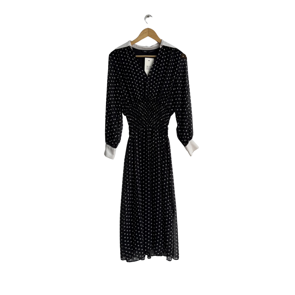 Zara Black And White Polka Dot Ruched Long Dress | Gently Used