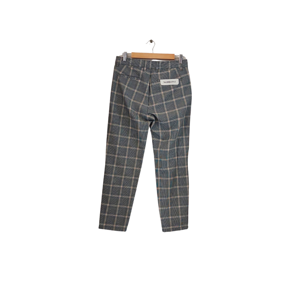 Pull Bear Men's Grey Checkered Tailored Straight Leg Pants