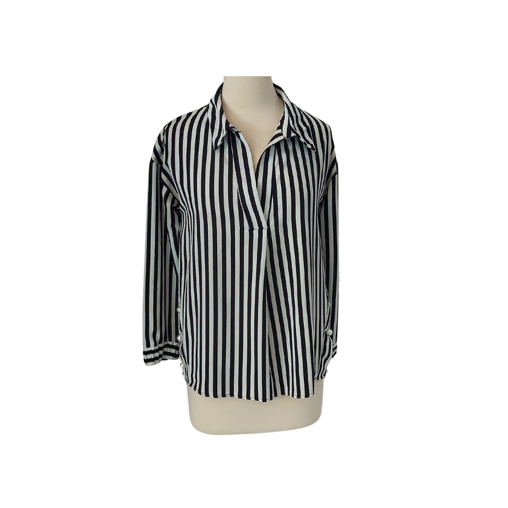 ZARA Black & White Striped With Pearls Collared Shirt | Gently Used |