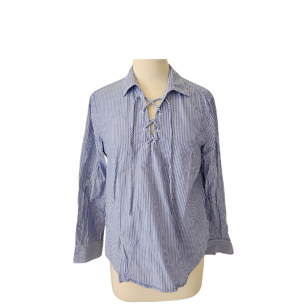 Gap Blue & White 100% Striped Lace Tie-up Collared Shirt | Gently Used |