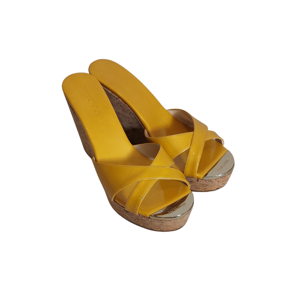 Jimmy Choo Yellow Patent Leather 'Pandora' Cork Wedges | Brand New |
