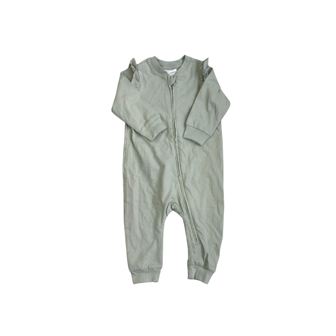 H&M Sage Green Full-Zip Long-Sleeve Romper (4-6 Months) | Brand New |