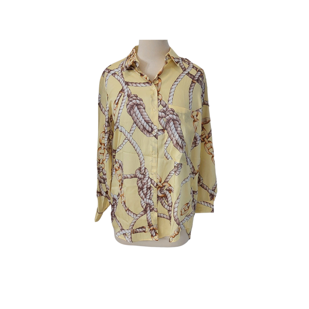 ZARA Yellow Chain-print Satin Collared Shirt | Brand New |