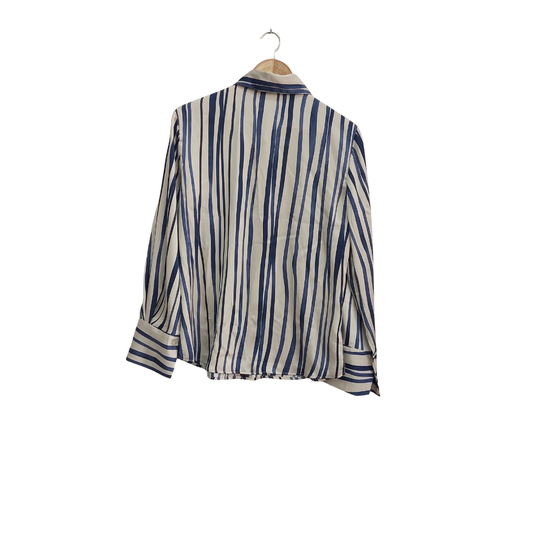 Mango Blue & Grey Striped Collared Satin Shirt | Gently Used |