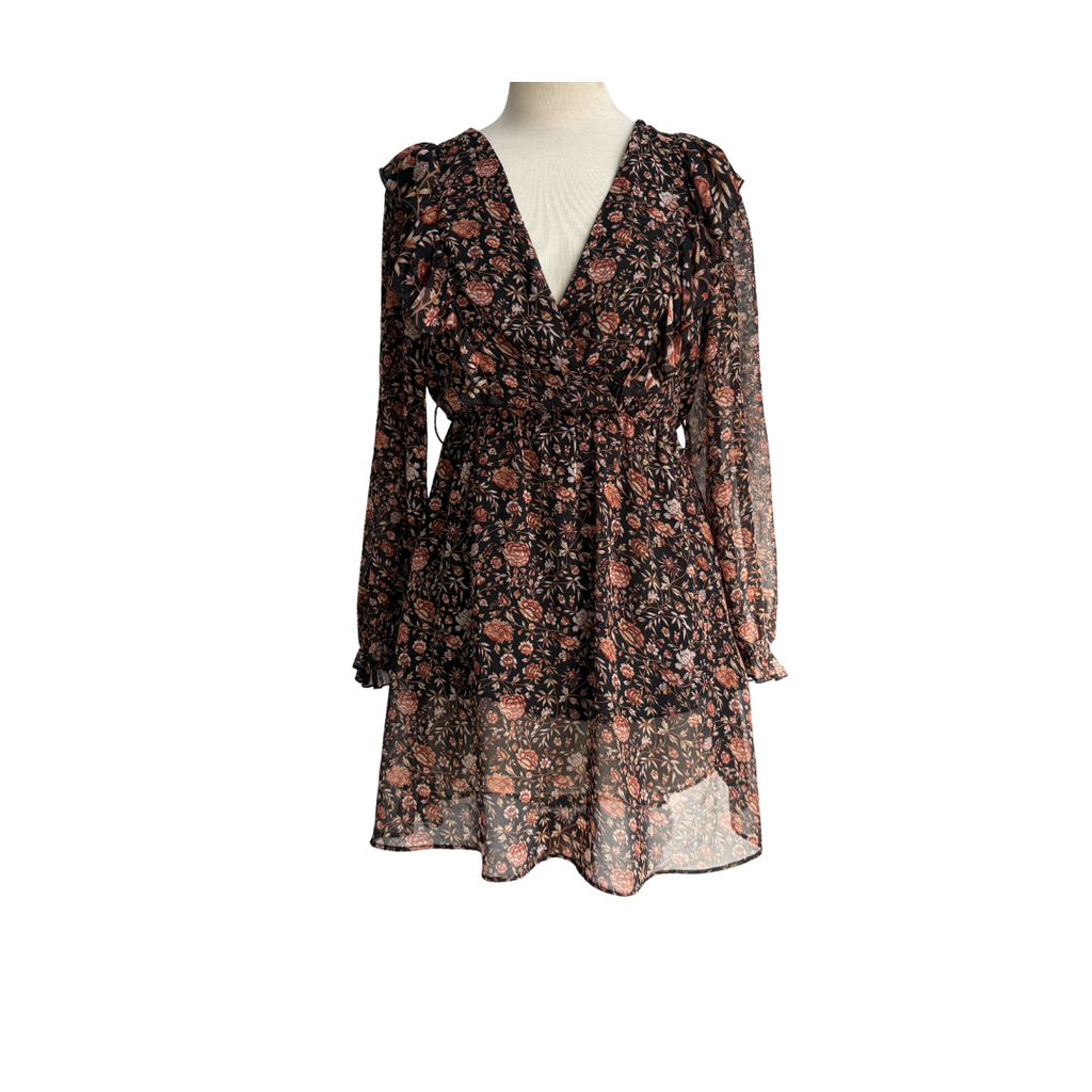 Mango Brown And Burnt Orange Floral Print Ruffle Dress | Gently Used