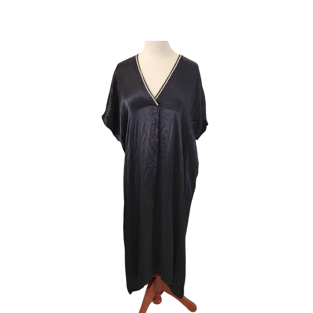 ZARA Black Satin V-neck Rhinestone Detail Maxi Dress | Brand New |