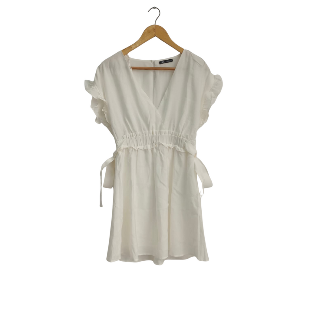 white frill dress zara ruffle bottom with built in Teardrop button fastening at the back Shoulder White Frill Dress Zara
