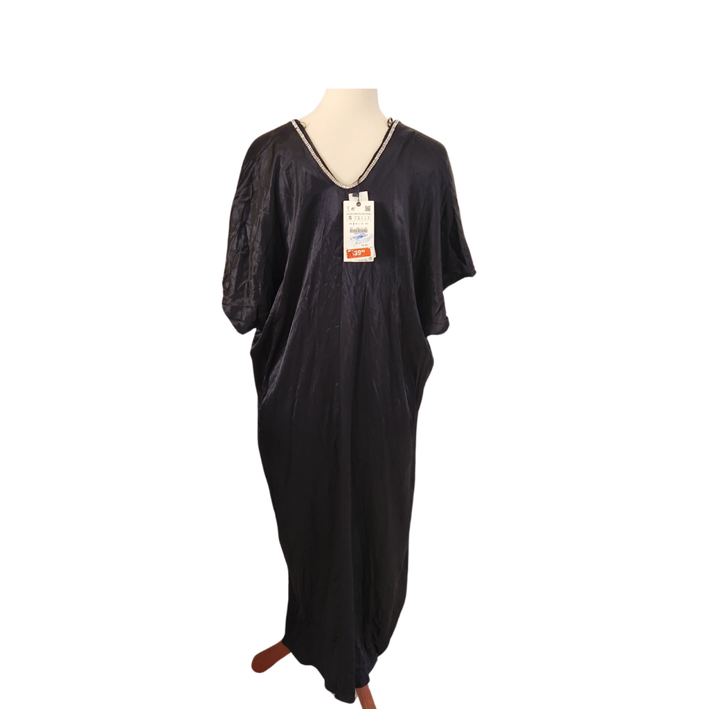 ZARA Black Satin V-neck Rhinestone Detail Maxi Dress | Brand New |