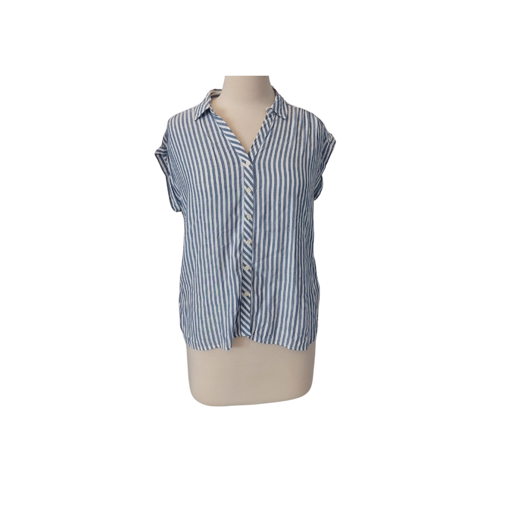 Maine Grey & White Striped Sleeveless Collared Shirt | Gently Used |