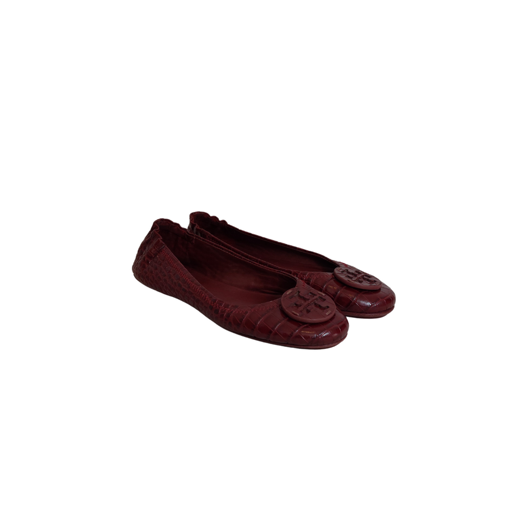 Tory Burch Maroon Leather Croc Embossed Minnie Travel Ballet Flats