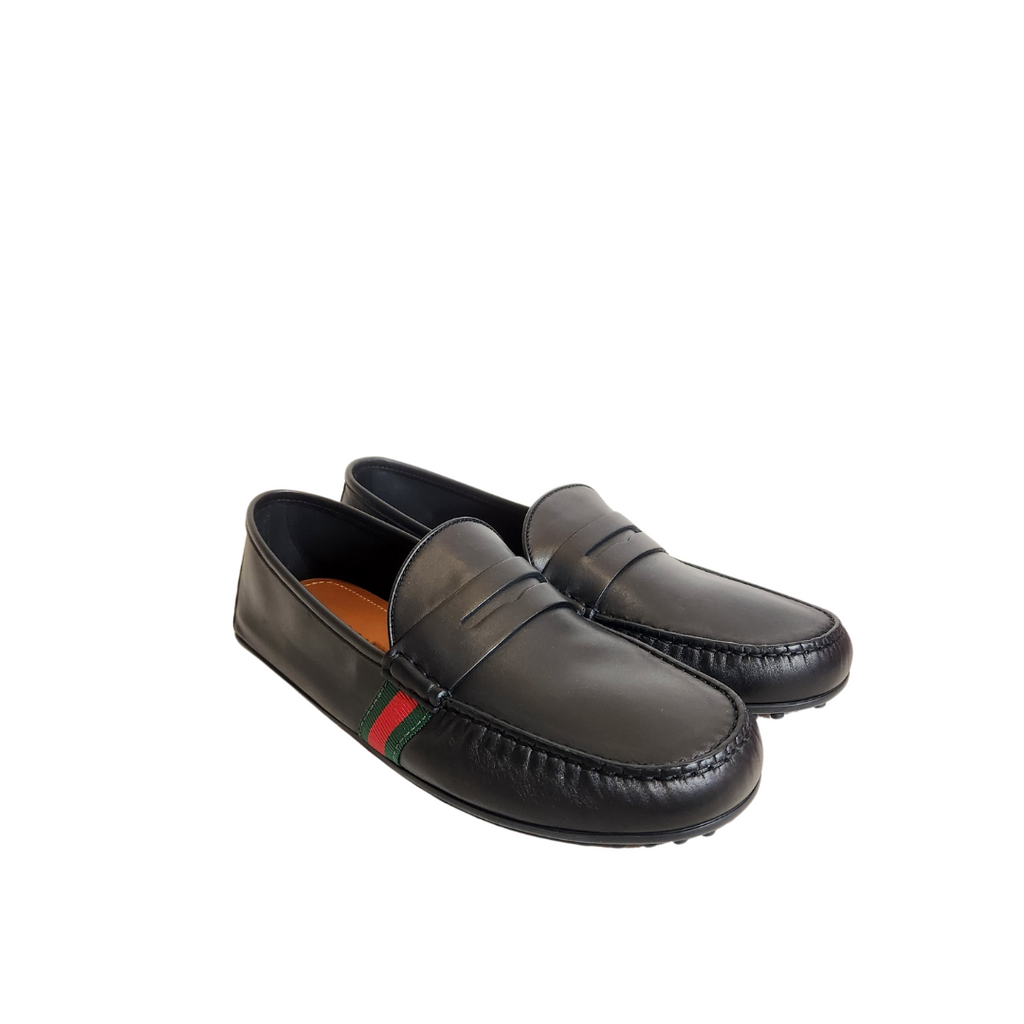 Gucci Men's Black Leather Web Detail Loafers | Brand New |