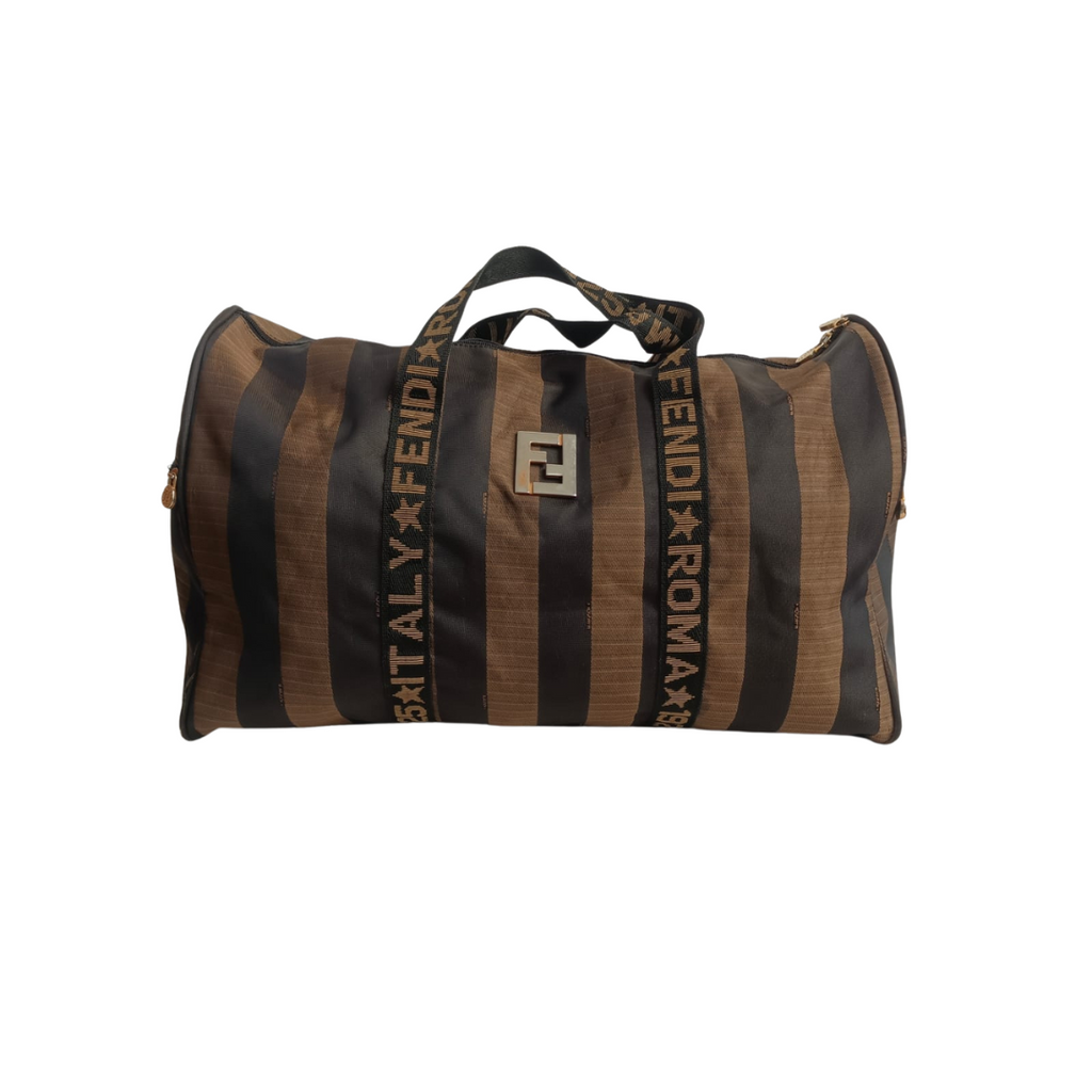 Fendi Gold Black Striped Canvas Large Duffle Bag Pre Loved