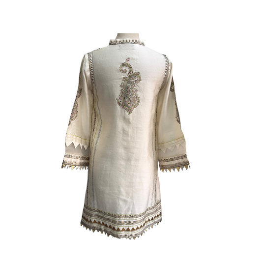 Annus Abrar Ivory Block Print Rawsilk Outfit (2 Piece) | Pre Loved |