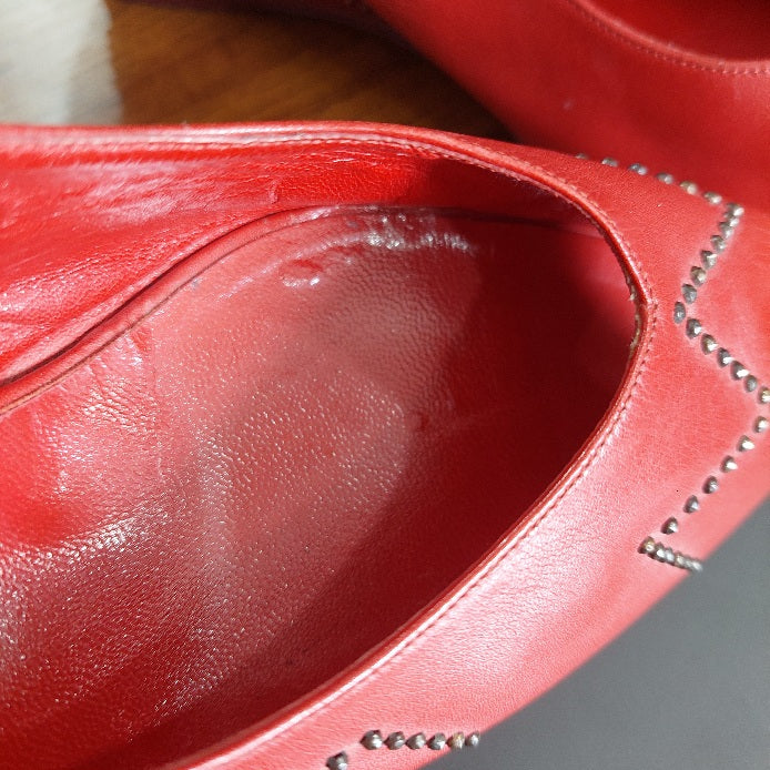 Bruno Magli Red Leather Peep Toe Studded Slingback Wedges | Pre Loved |