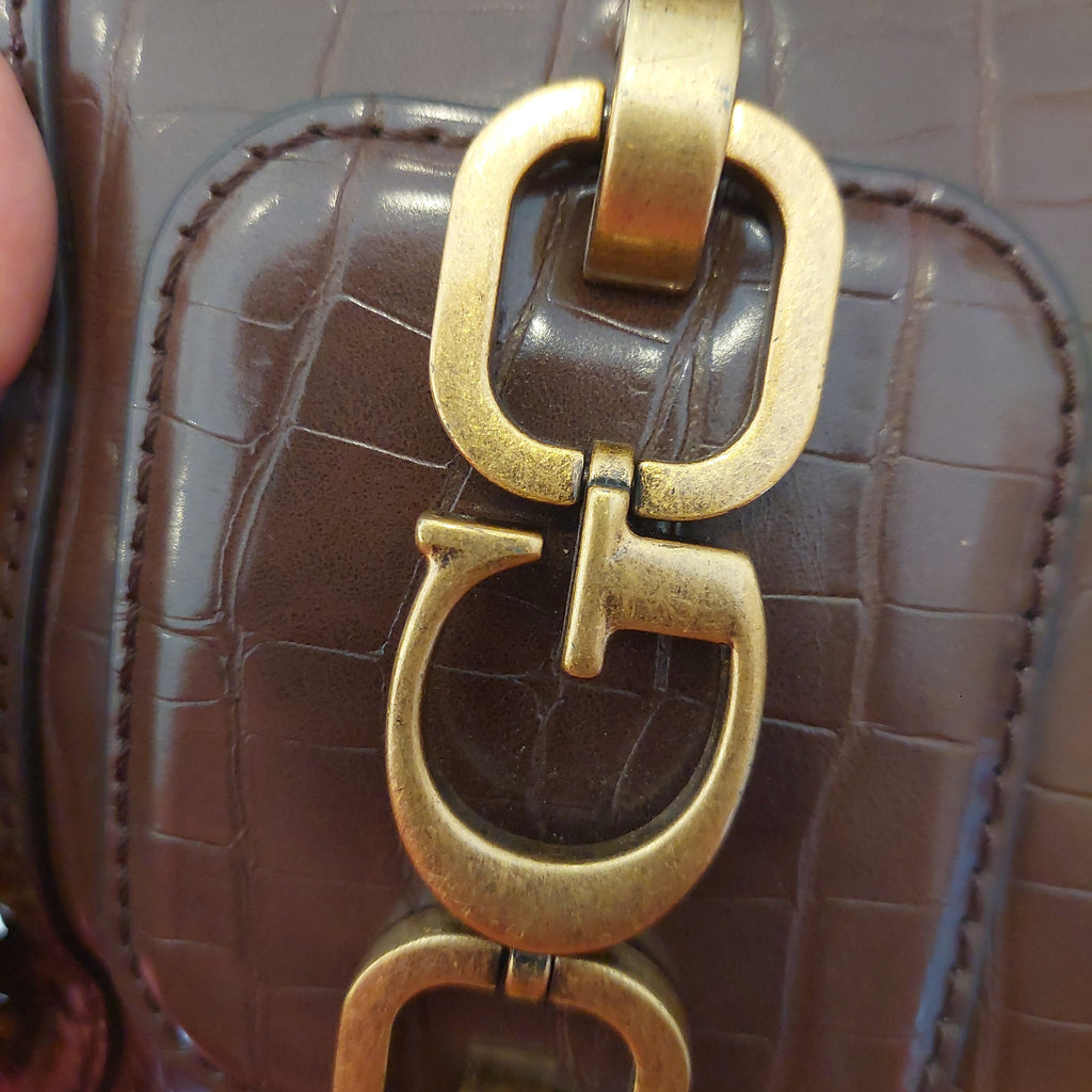 Guess Brown Croc Print Textured Leather Hensley Shoulder Bag | Pre Loved |