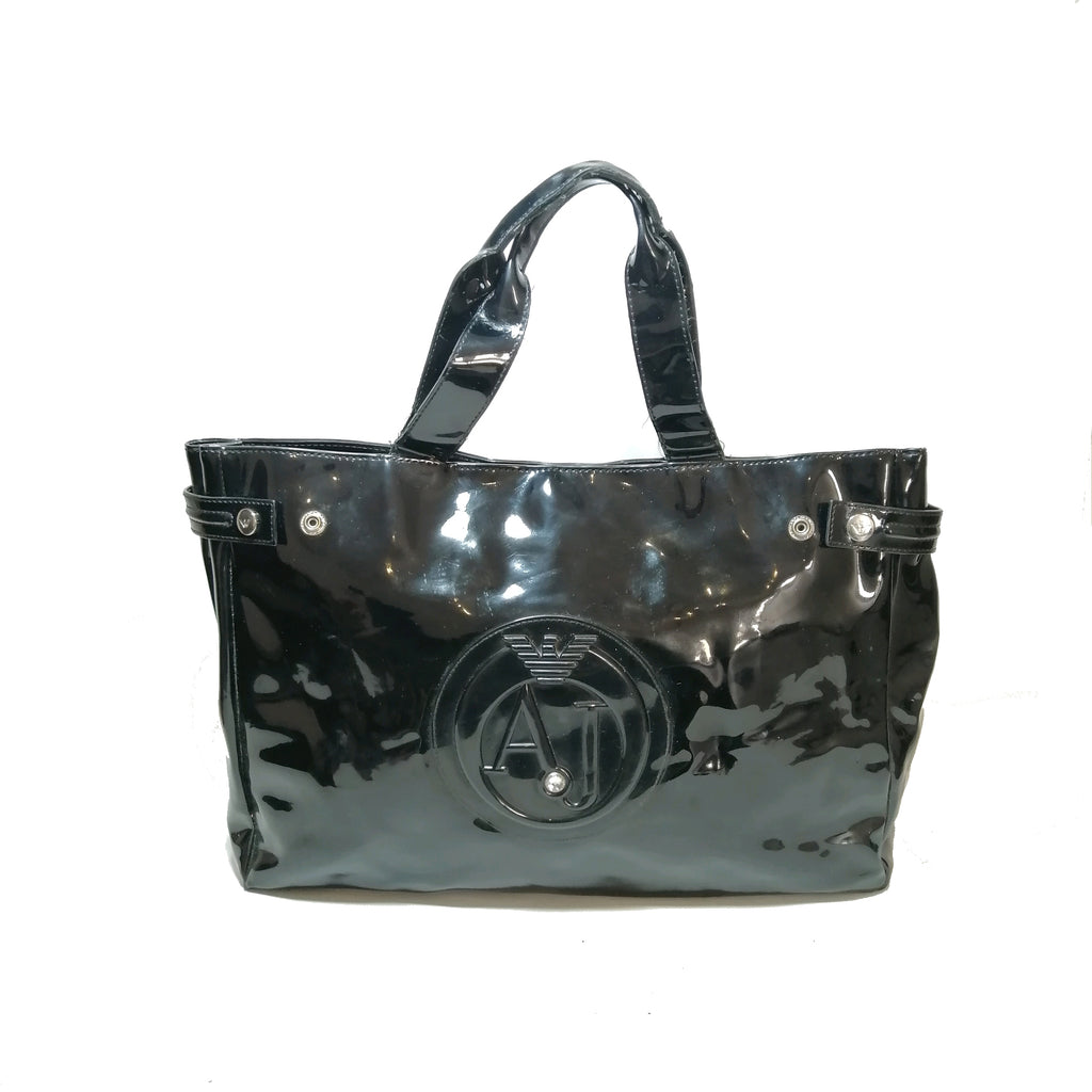 Armani Jeans Glossy PVC Black Logo Tote Pre Loved