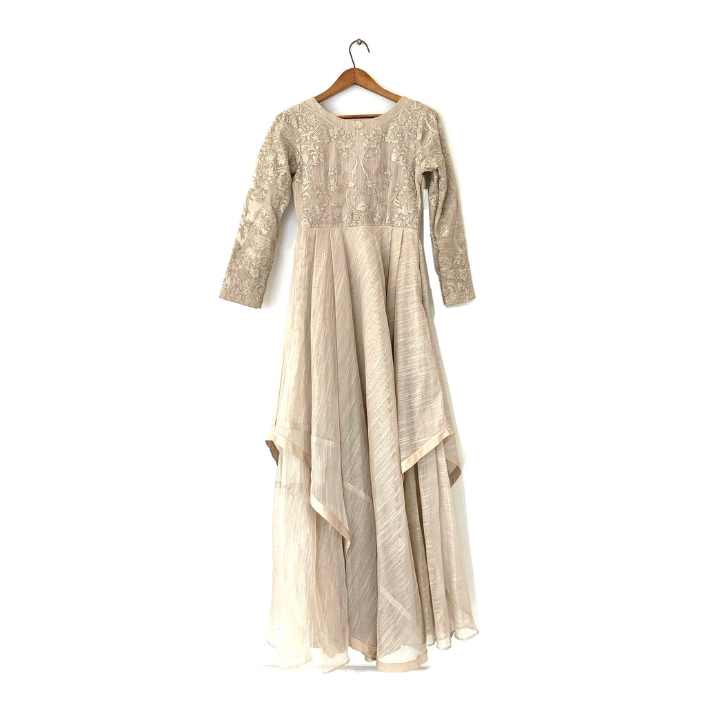 Threads & Motifs Beige Embroidered Net Long Formal Dress | Gently Used | Secret Stash Threads & Motifs Beige Embroidered Net Long Formal Dress | Gently Used | Secret Stash