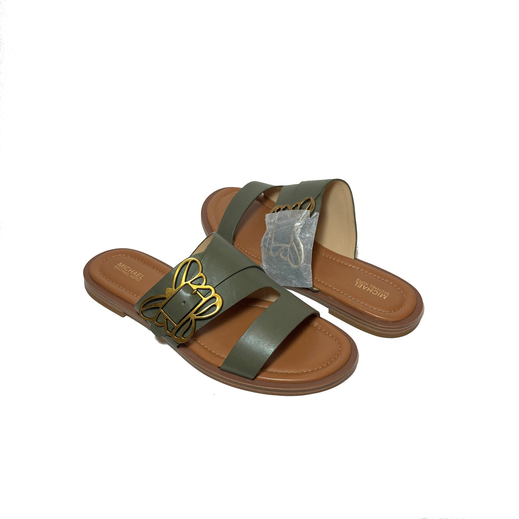 Michael Kors Olive Green Leather Butterfly Buckle Slides Brand