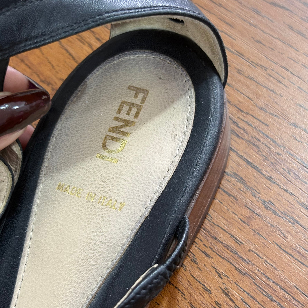 Fendi Black Wooden Emblem Strappy Sandals | Pre Loved |