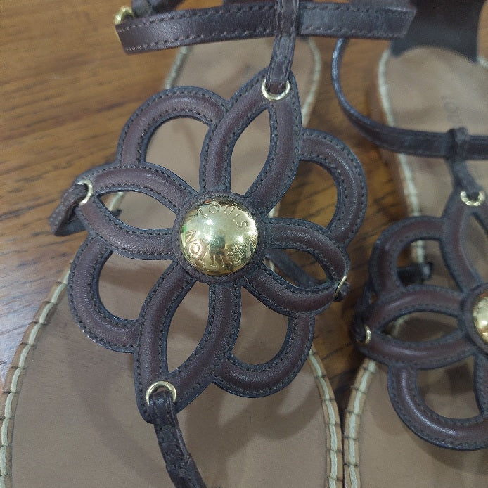 Louis Vuitton Brown Leather Fidji Flower Sandals | Pre Loved |