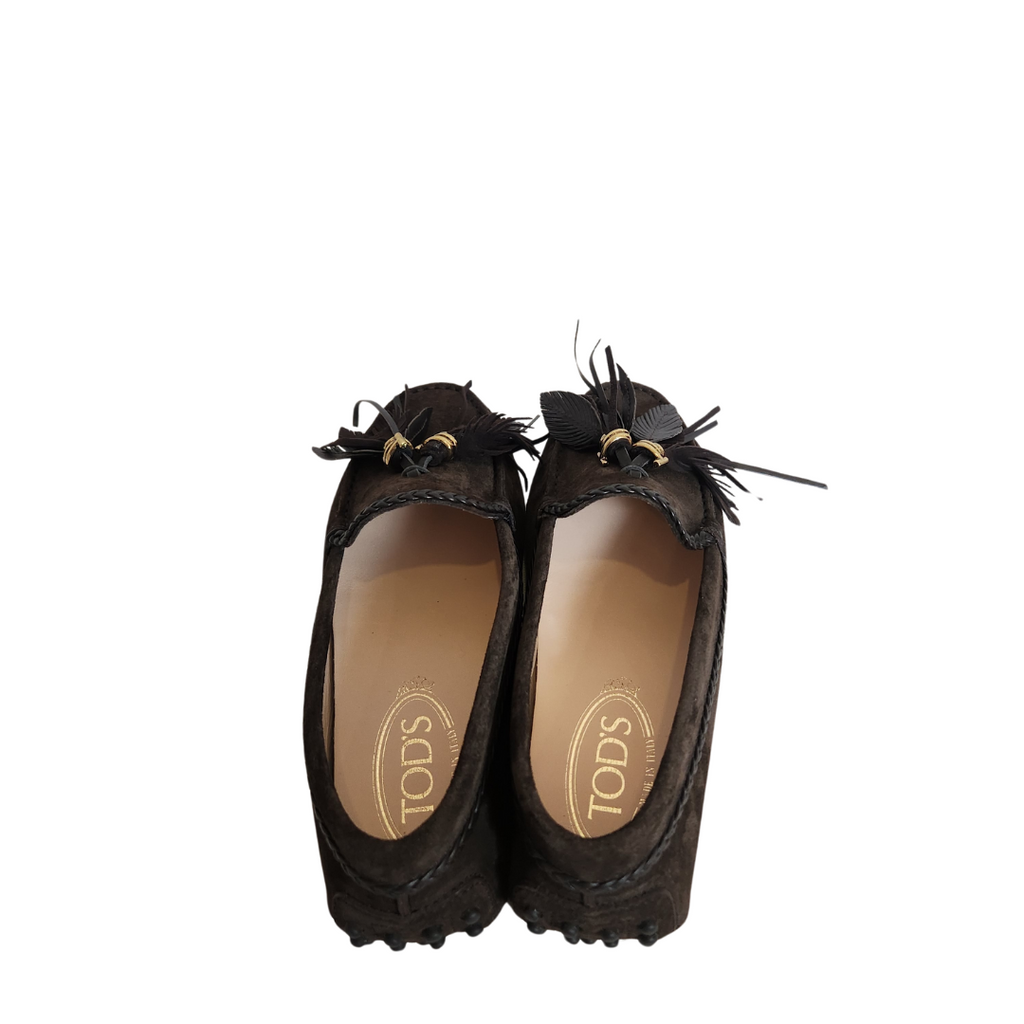 TOD'S Brown Suede Leaf Tassel Loafers | Like New |