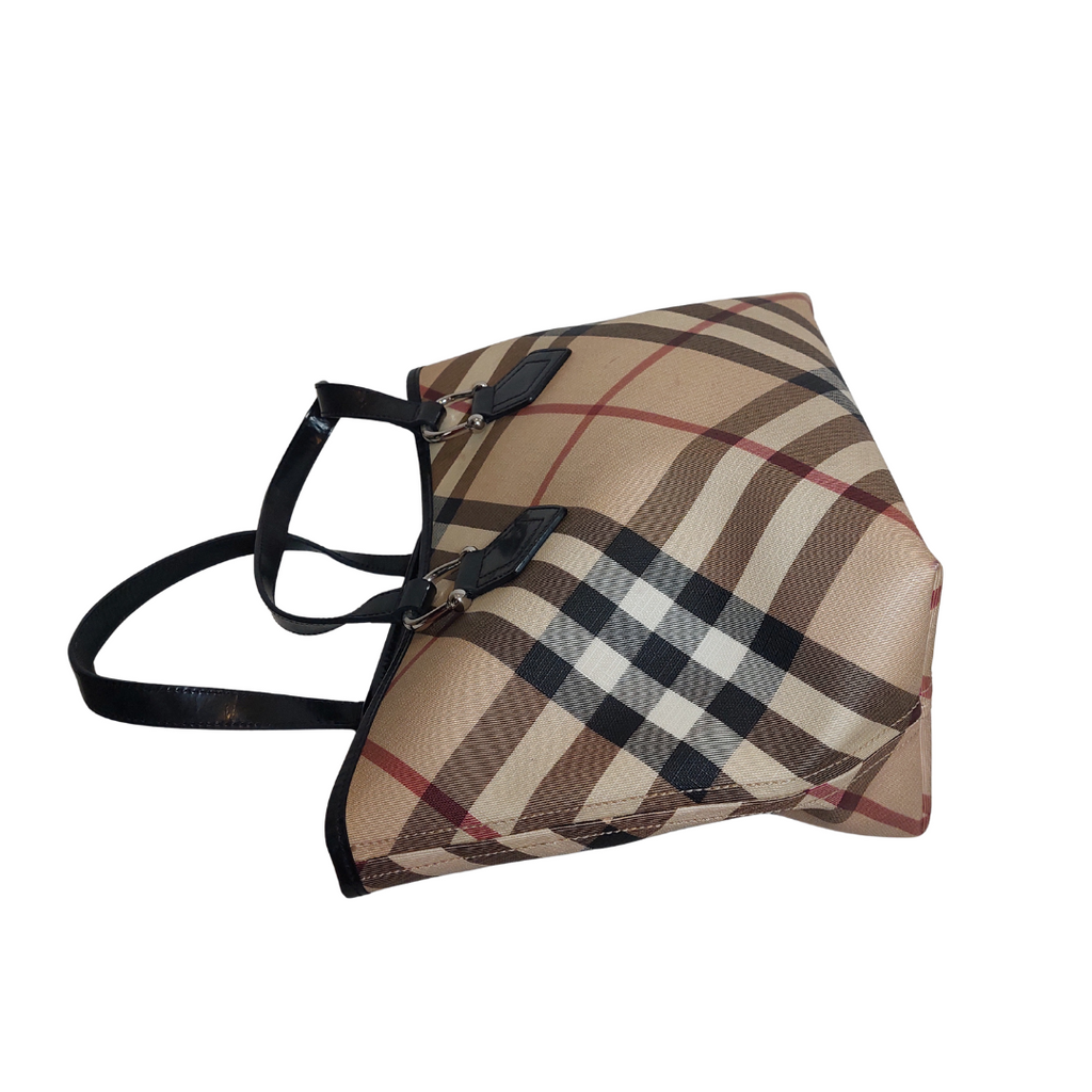 Burberry Beige/Black Nova Check Coated Canvas and Patent Leather Tote Bag | Pre Loved |
