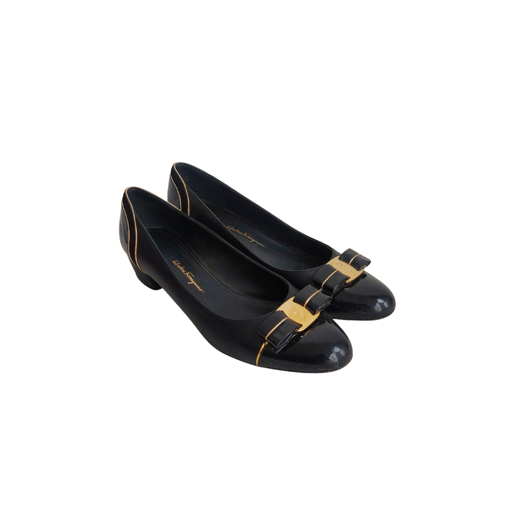 Salvatore Ferragamo Black Leather & patent Block Heels | Pre Loved |