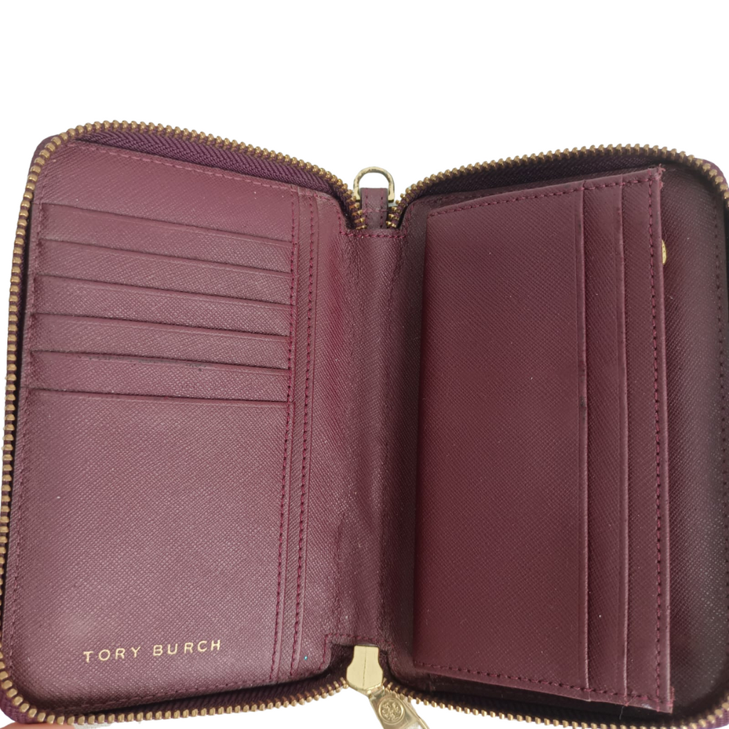Tory Burch Burgundy Leather Zip-Around Wallet | Pre Loved |