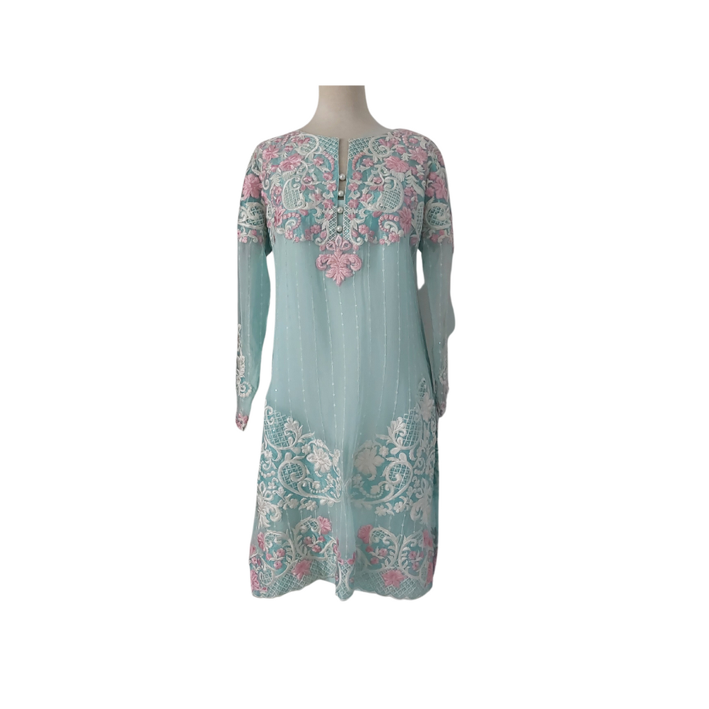 Mina Hasan Light Blue & Pink Floral Embroidered Silk & Chiffon Outfit (4 pieces) | Pre Loved |
