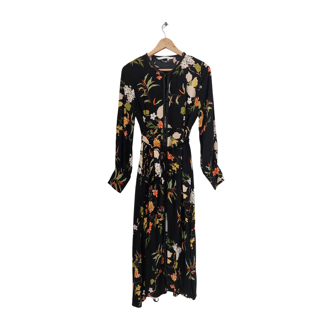 floral dress zara maxi ZARA Black Printed Belted Maxi Dress | Gently Used