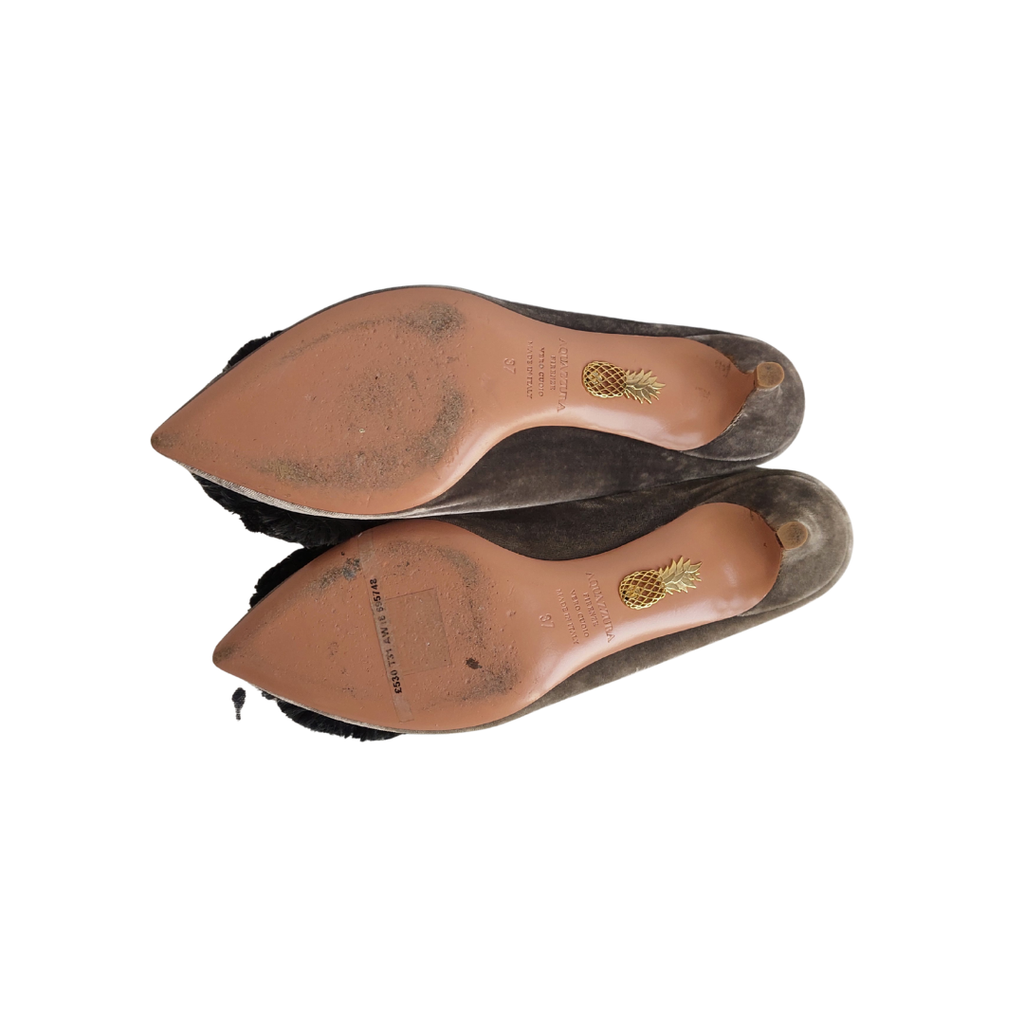 Aquazzura Grey Velvet Powder Puff Mules | Pre Loved |