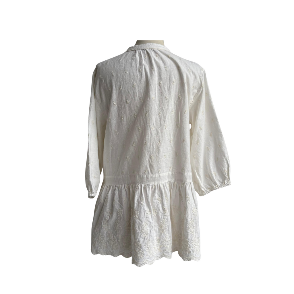 ZARA Off-White Embroidered & Lace Detail Long Collared Top | Gently Used |
