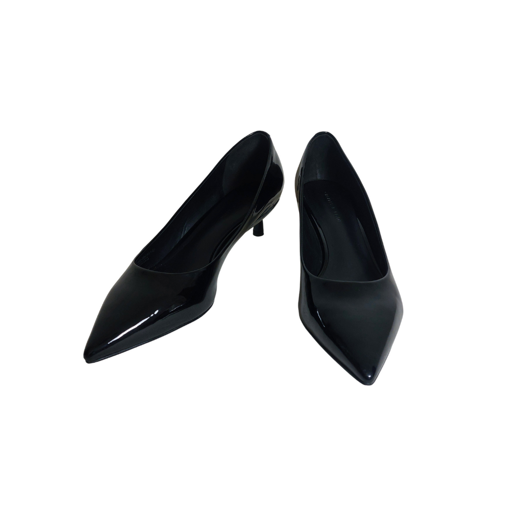 Charles & Keith Black Patent Leatherette Pointed-Toe Kitten Heel Pumps | Gently Used |