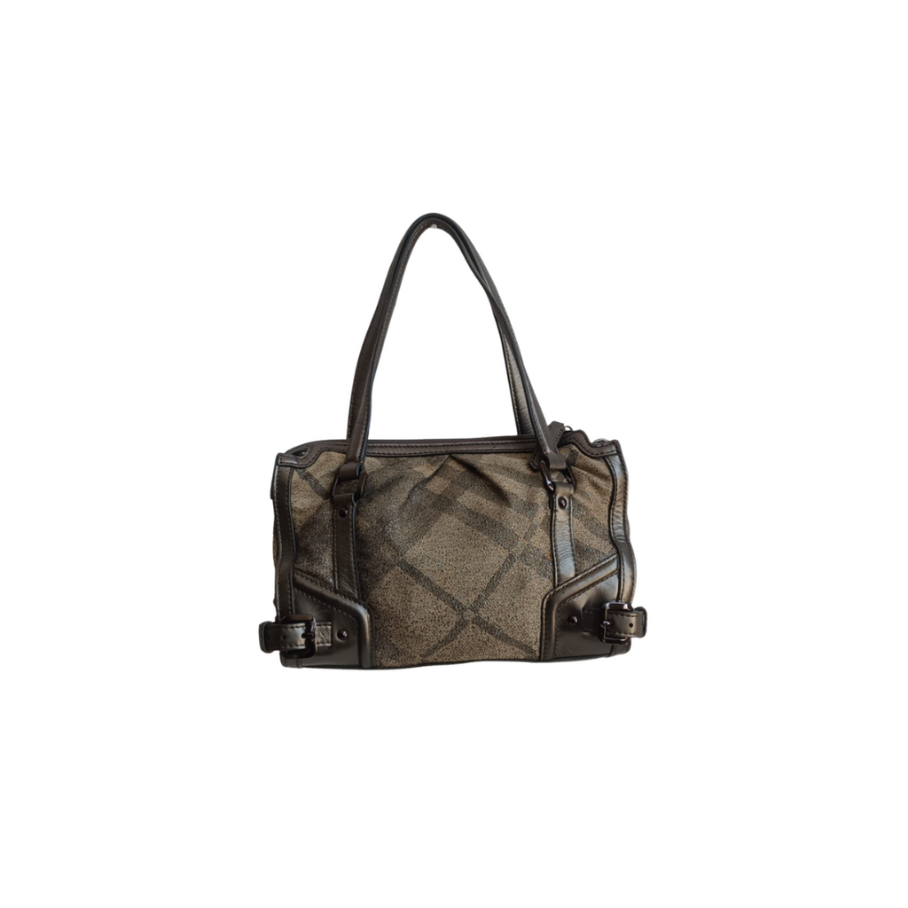 Burberry Beige/Metallic Grey Fabric Check and Leather Pilgrim Tote | Pre Loved |