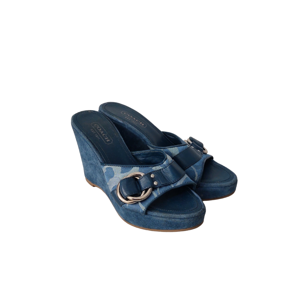 Coach Dusty Blue Merridith Logo Suede Wedges | Pre Loved |