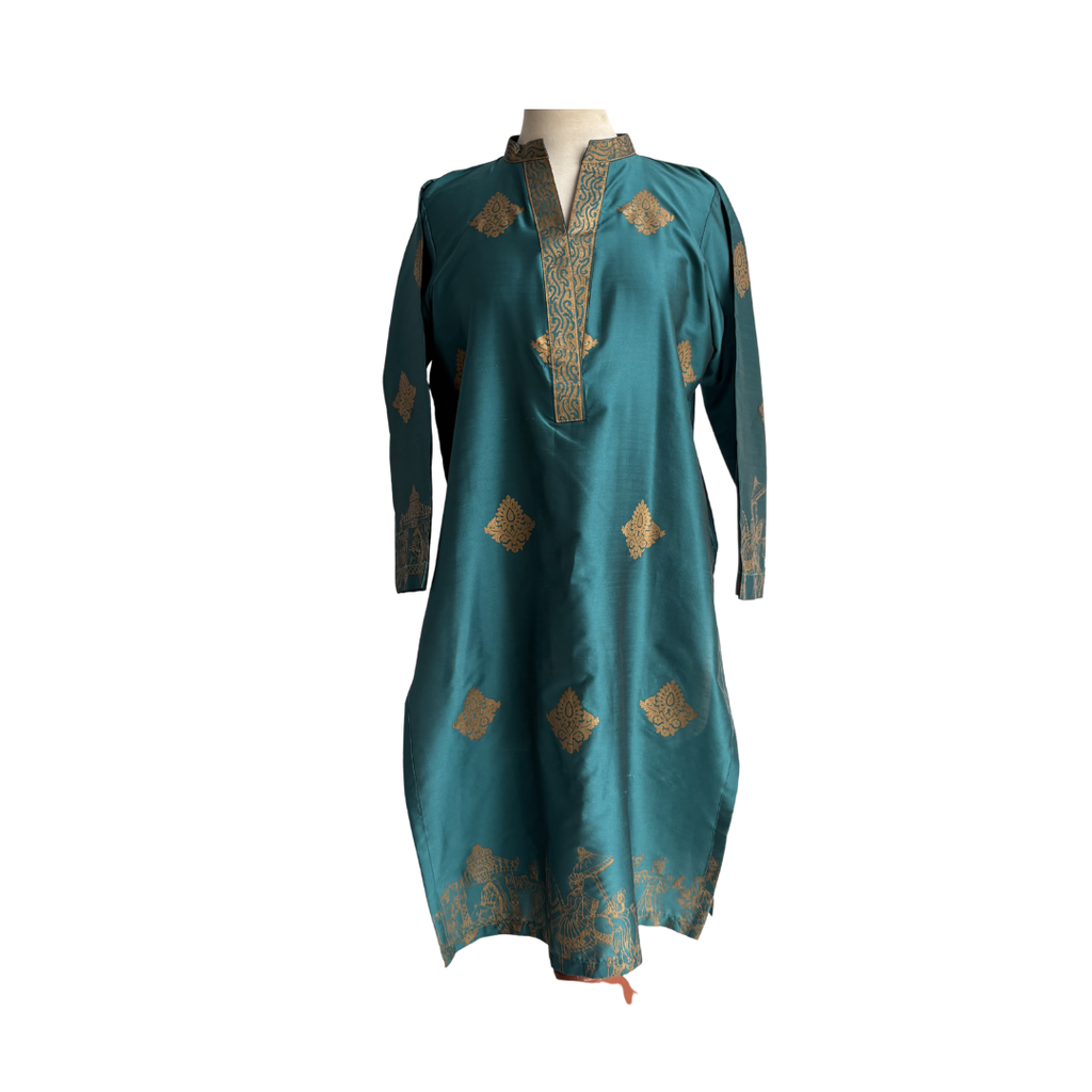 Sanober Azfar Teal Green Raw Silk Blocked Print Outfit (3 piece) | Pre ...
