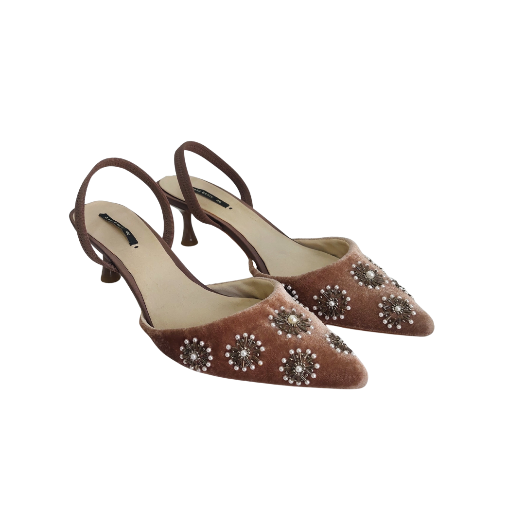 Zara Taupe Embroidered Velvet Slingback Kitten Heels | Pre Loved |