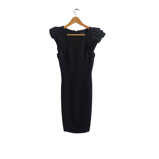 Ted Baker Black Frill Detail Cap Sleeve Knee Length Dress | Pre Loved |