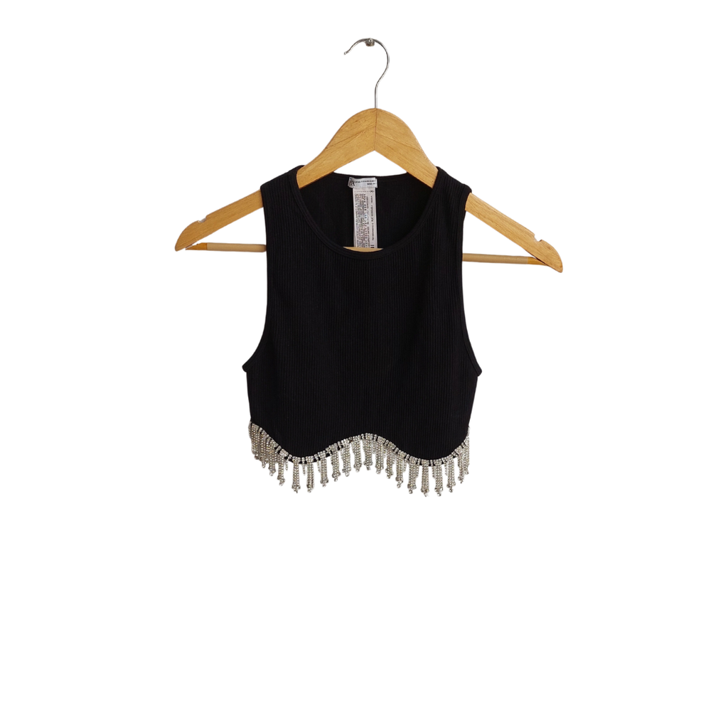 ZARA Black Ribbed Sleeveless Rhinestone Fringe Crop Top | Gently Used |