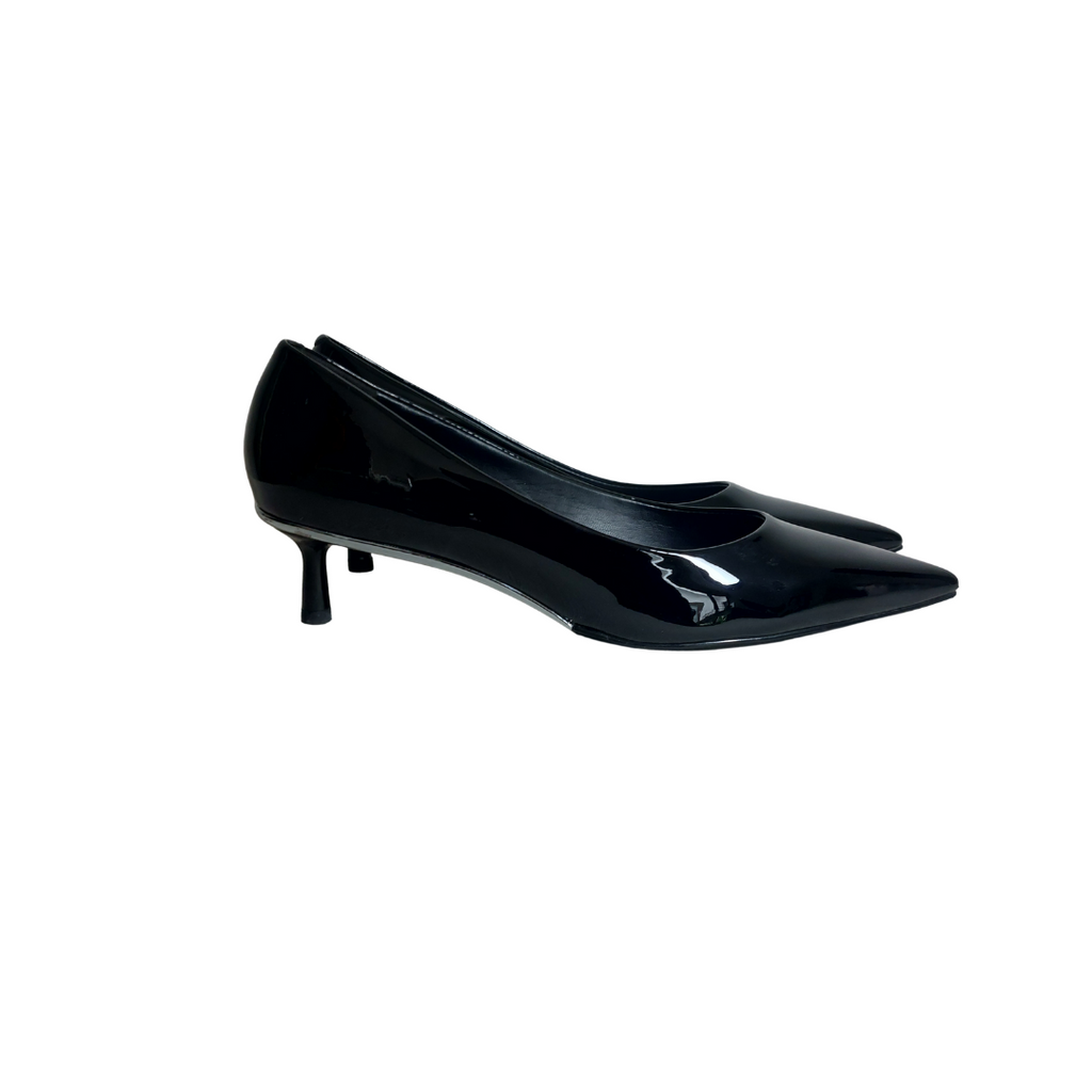 Charles & Keith Black Patent Leatherette Pointed-Toe Kitten Heel Pumps | Gently Used |