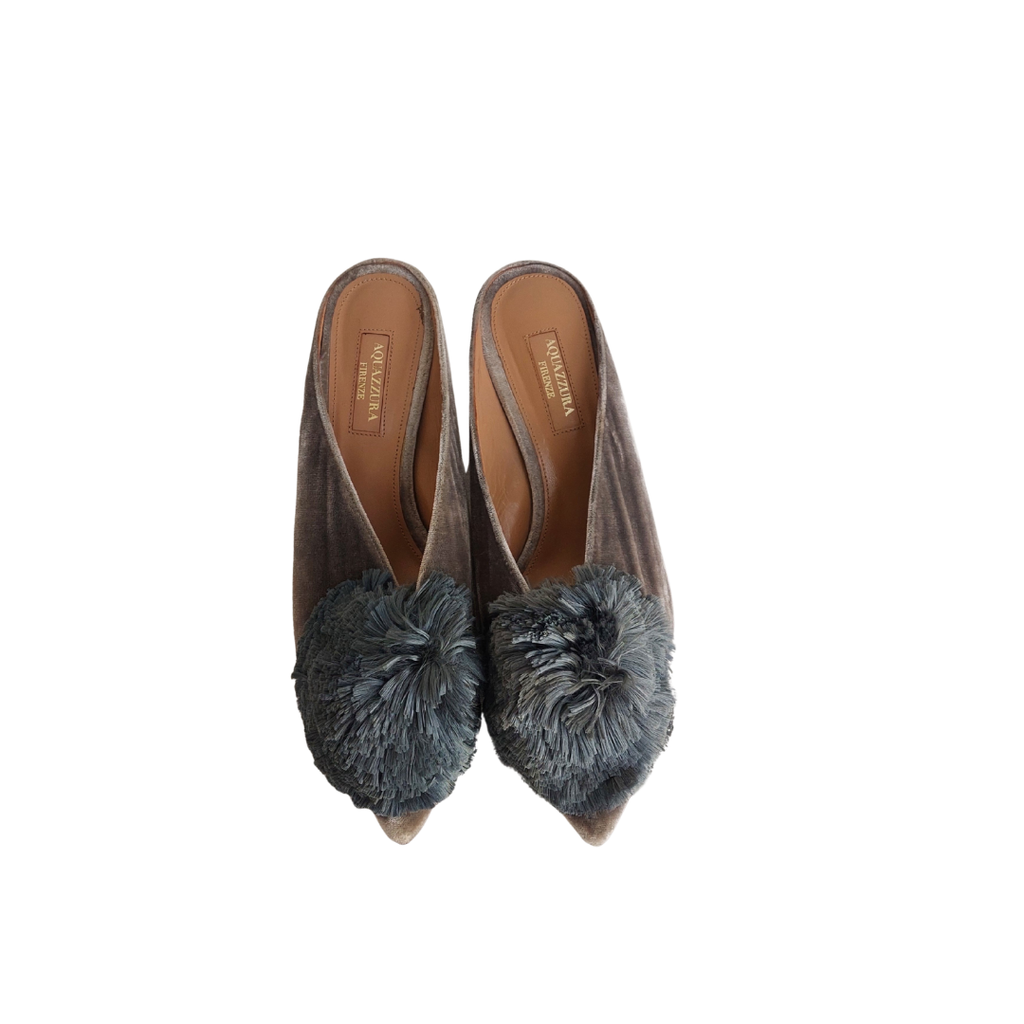 Aquazzura Grey Velvet Powder Puff Mules | Pre Loved |