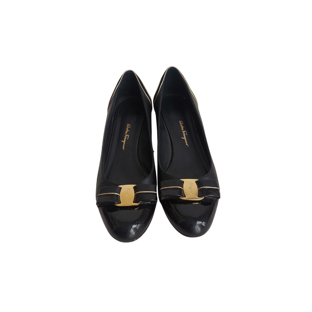 Salvatore Ferragamo Black Leather & patent Block Heels | Pre Loved |