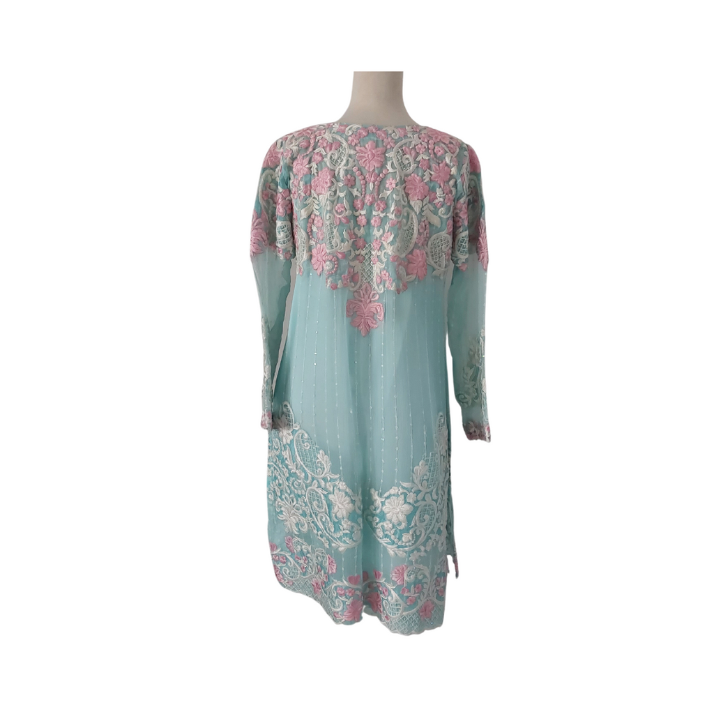Mina Hasan Light Blue & Pink Floral Embroidered Silk & Chiffon Outfit (4 pieces) | Pre Loved |