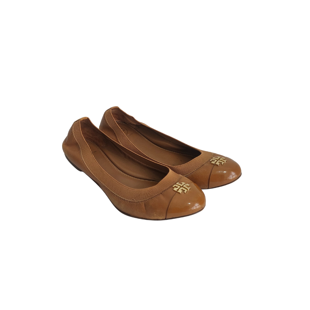 Tory Burch Brown Jolie Leather & Patent Cap Toe Ballet Flats | Pre Loved |