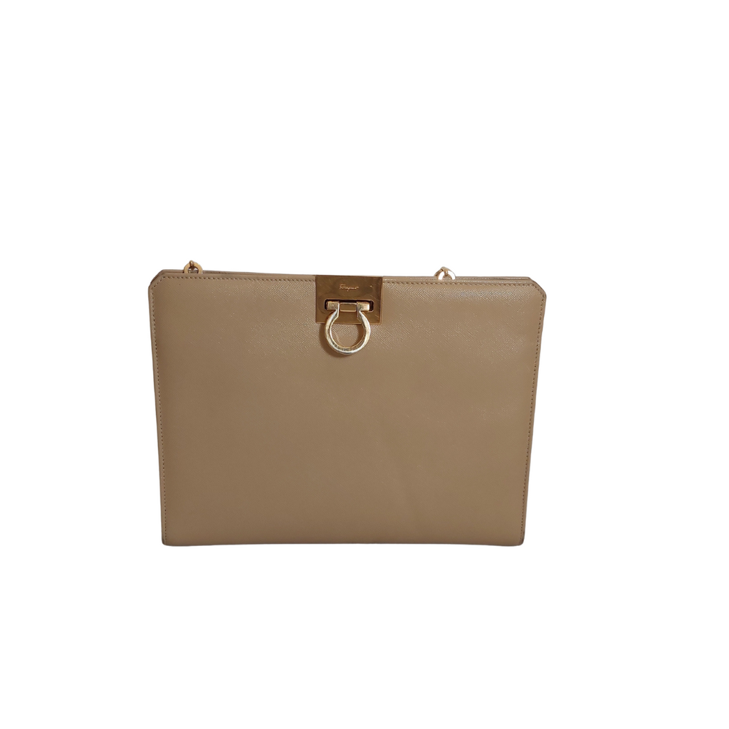 Salvatore Ferragamo Beige Leather Gancini Chain Shoulder Bag | Pre Loved |