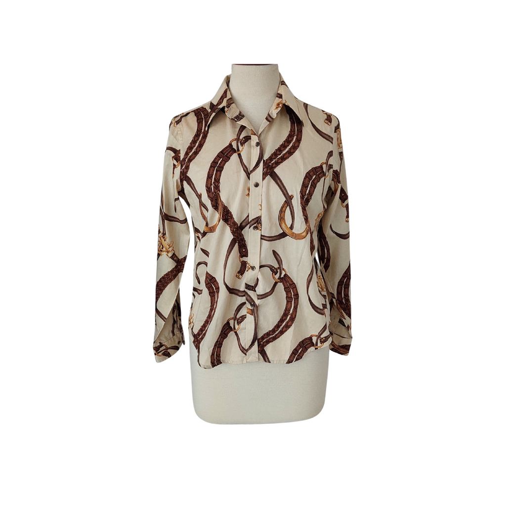 Lauren By Ralph Lauren Cream Belt Print Collared Top | Pre Loved |