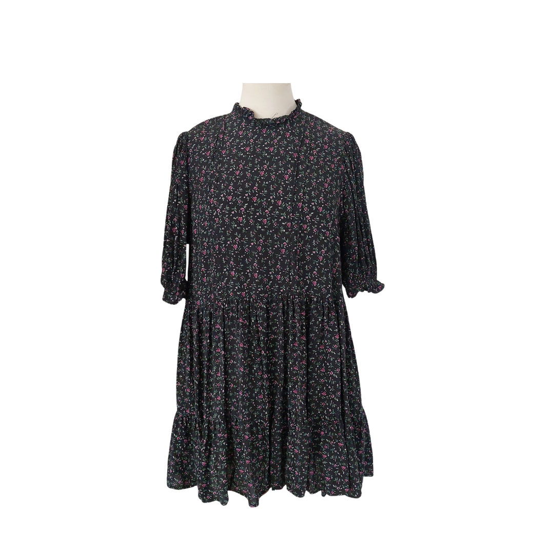 Zara Black Floral Printed Pleated Short Dress | Like New