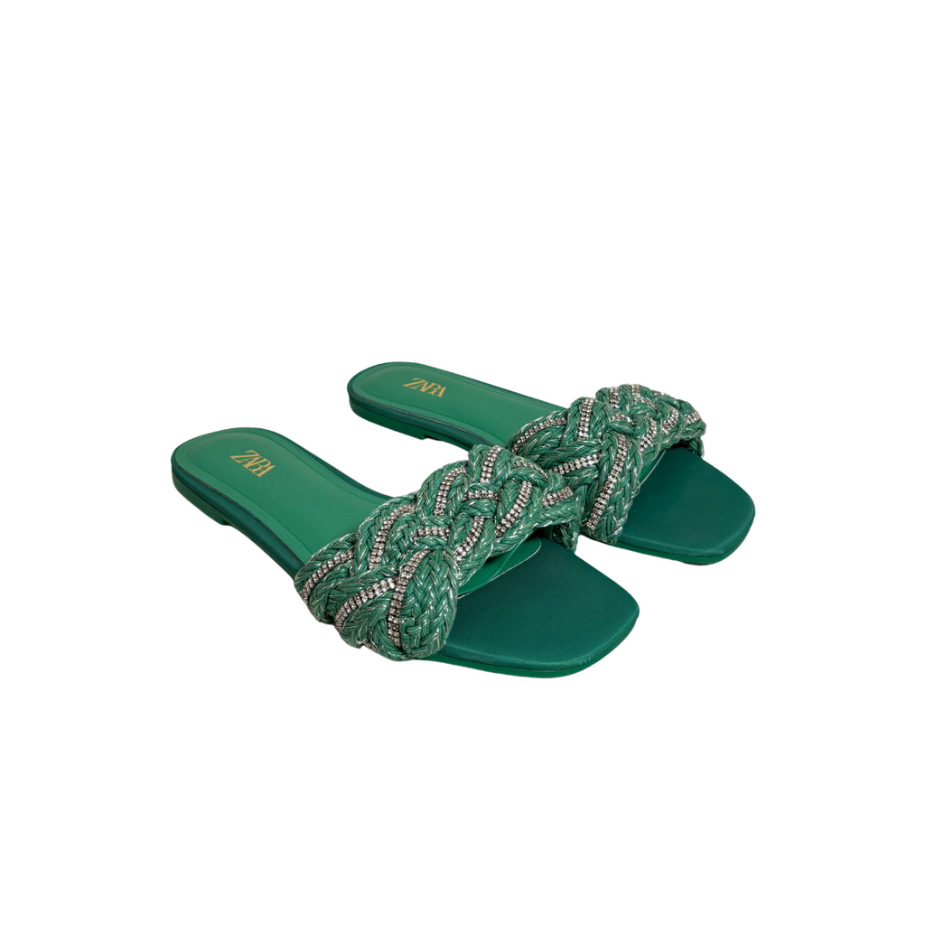 ZARA Green Woven Rhinestone Slip On Flat Sandals | Gently Used |